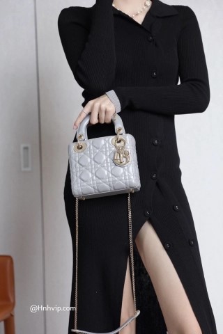 미니 레이디 디올 백, 그레이 오팔린 비즈 장식 까나쥬 램스킨